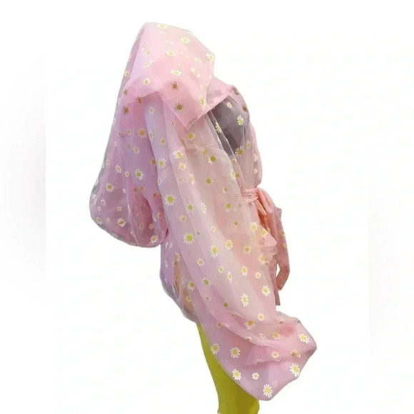 House Of Aris Sheer Pink Daisy Festival Cardigan Over Sized Hood Size  Medium - Picture 4 of 11